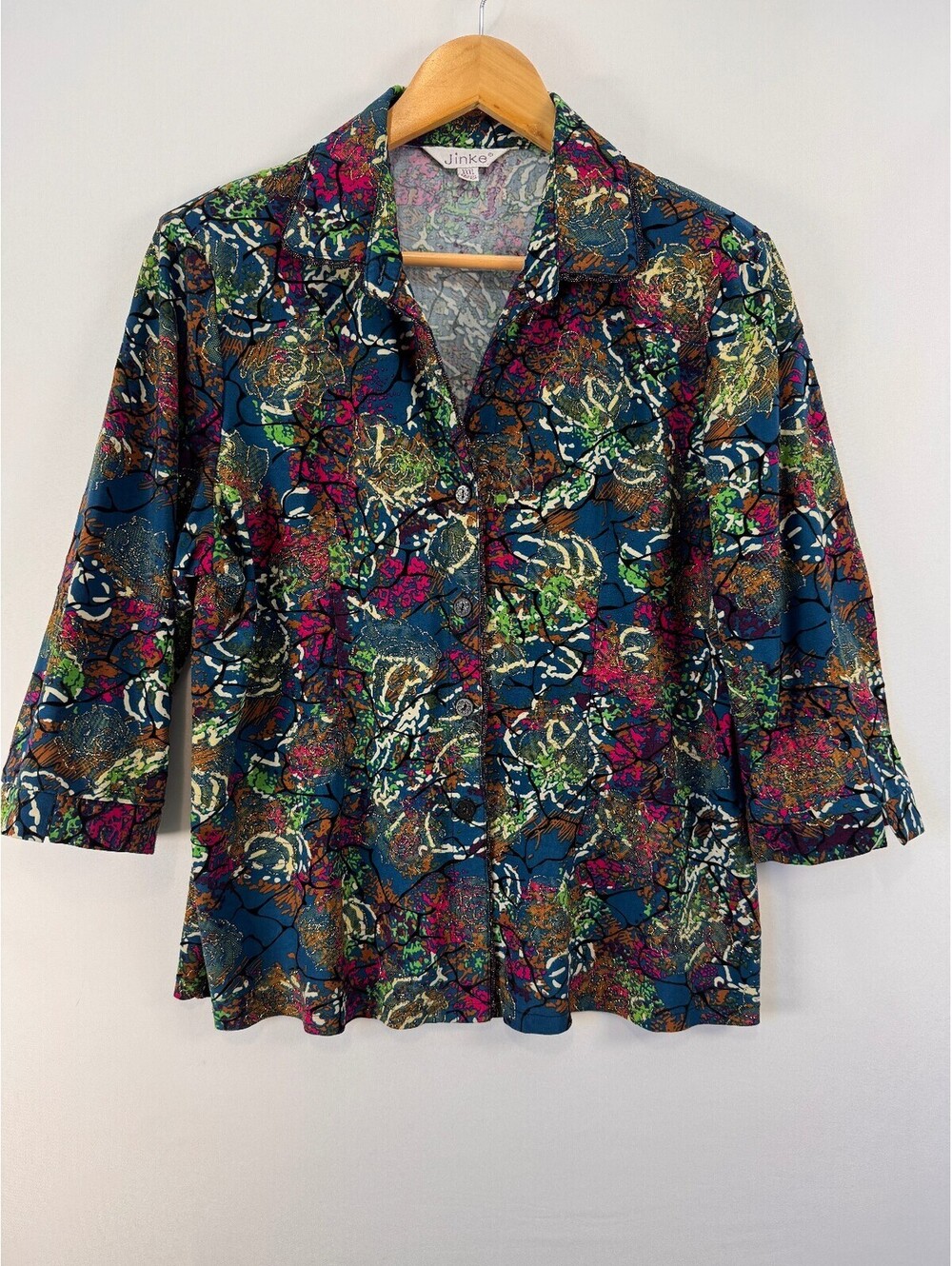 Vintage Metallic Floral Blouse Teal Gold Beaded Art To Wear Button Up Womens L